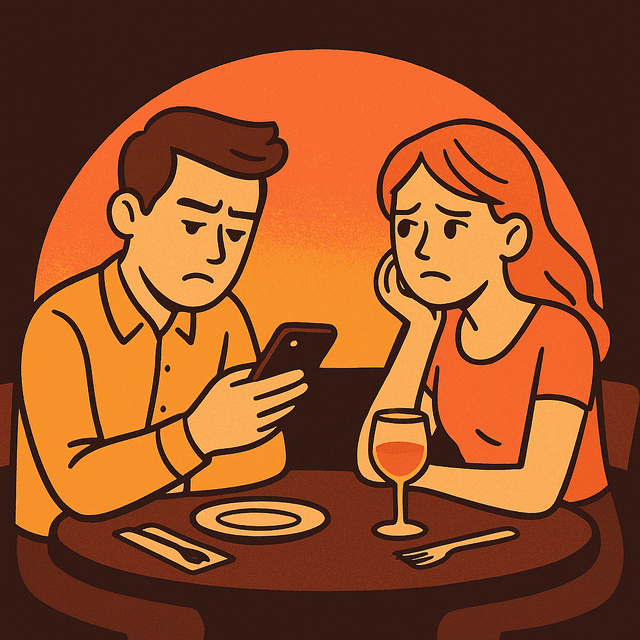 Cartoon of an awkward, going-nowhere first date at a restaurant.