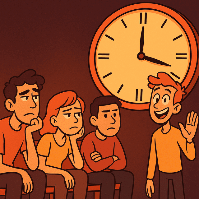 Cartoon of friends waiting under a giant clock for someone who is very late.