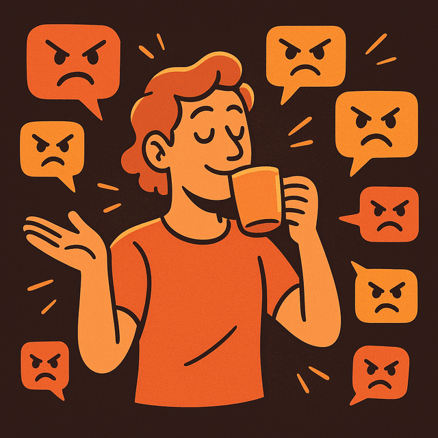 Cartoon of a person calmly shrugging off a swarm of angry online comments.